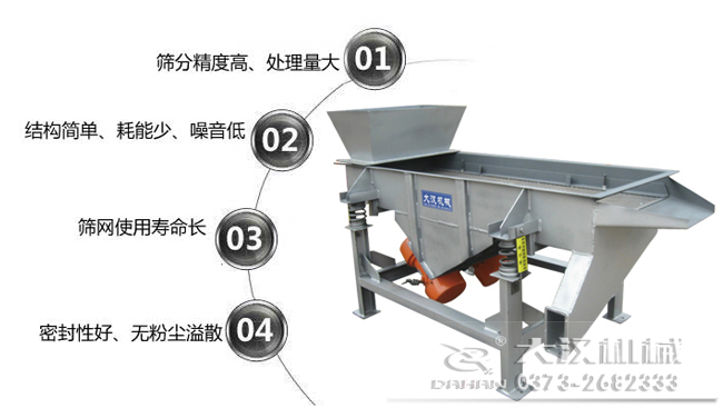 1016型直線振動篩特點：1，篩分精度高，處理量大。2，結(jié)構(gòu)簡單，耗能少，噪音低，3，篩網(wǎng)使用壽命長，密封性好無粉塵溢散。