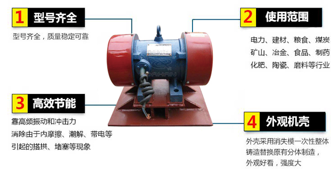 lzf倉壁振動器：1，型號齊全：型號齊全，質(zhì)量穩(wěn)定可靠。2，適用范圍：電力，建材，糧食，煤炭，礦山，冶金，食品，制藥，化肥，陶瓷，磨料等行業(yè)。3，高效：靠高頻振動和沖擊力消除由于內(nèi)摩擦，潮解，帶電等引起的塔供，堵塞等現(xiàn)象。4，外觀機殼：外殼采用消失模一次性整體鑄造替換原有分體制造，外觀好看，強度大。
