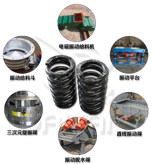 旋振篩減震彈簧適用產(chǎn)品：振動給料機，電磁振動給料機，振動平臺，直線振動篩，振動脫水篩，三次元旋振篩。