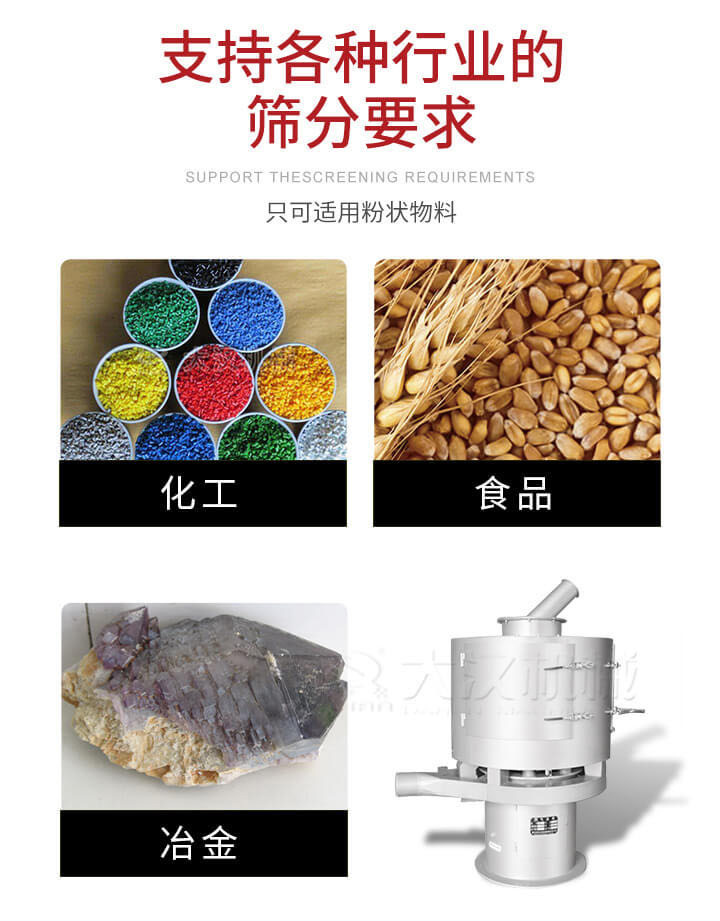 氣流篩用于礦粉，石墨粉，活性納米碳酸鈣，鋁灰，大豆粉，碳酸重鈣，石墨粉，木粉，干草，重金石粉，藥粉末，橡膠顆粒，草酸鹽，干料粉，木粉，聚酯粉，干粉，塑料，金屬粉末，橡膠粉，粉煤灰，石墨粉，陶瓷粉，鋅粉，石英粉，石灰粉，鐵粉，金屬硅粉等。