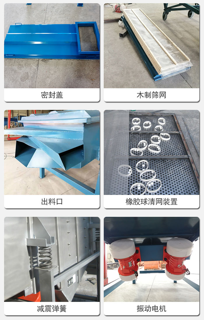 直線篩結構展示：篩網，篩箱，振動電機，振動電機座，減震彈簧，支架等部件展示圖