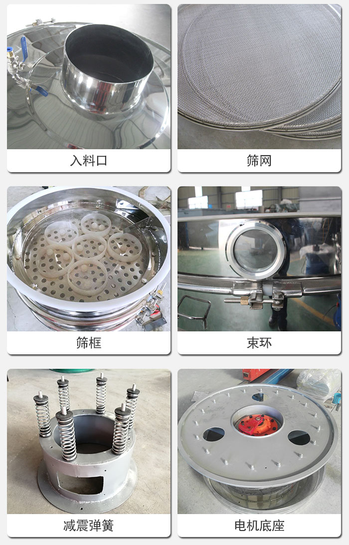 醫(yī)藥振動(dòng)篩有電機(jī)底座，減震彈簧，束環(huán)，篩框，入料口，篩網(wǎng)等部件展示。
