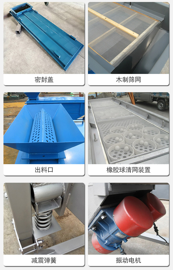 直線篩分機(jī)的結(jié)構(gòu)展示圖：篩箱是物料主要篩分設(shè)備之一，篩網(wǎng)用于篩分物料，振動(dòng)電機(jī)幫助篩網(wǎng)篩分。