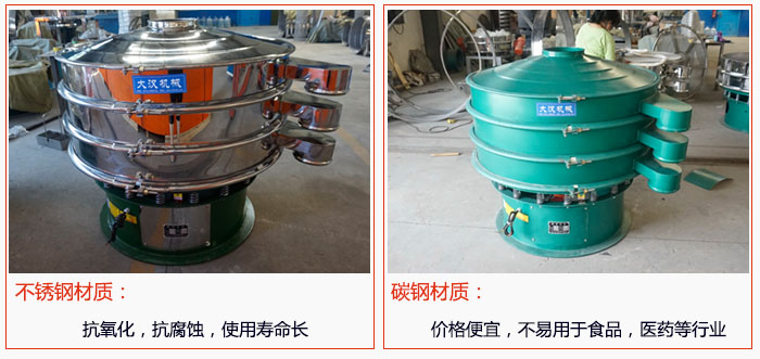 800型振動篩有不銹鋼和碳鋼兩種材質(zhì)，不銹鋼材質(zhì)：抗氧化，抗腐蝕，使用壽命長 碳鋼材質(zhì)：價格便宜，不易篩分食品，化工，醫(yī)藥等行業(yè)的物料。
