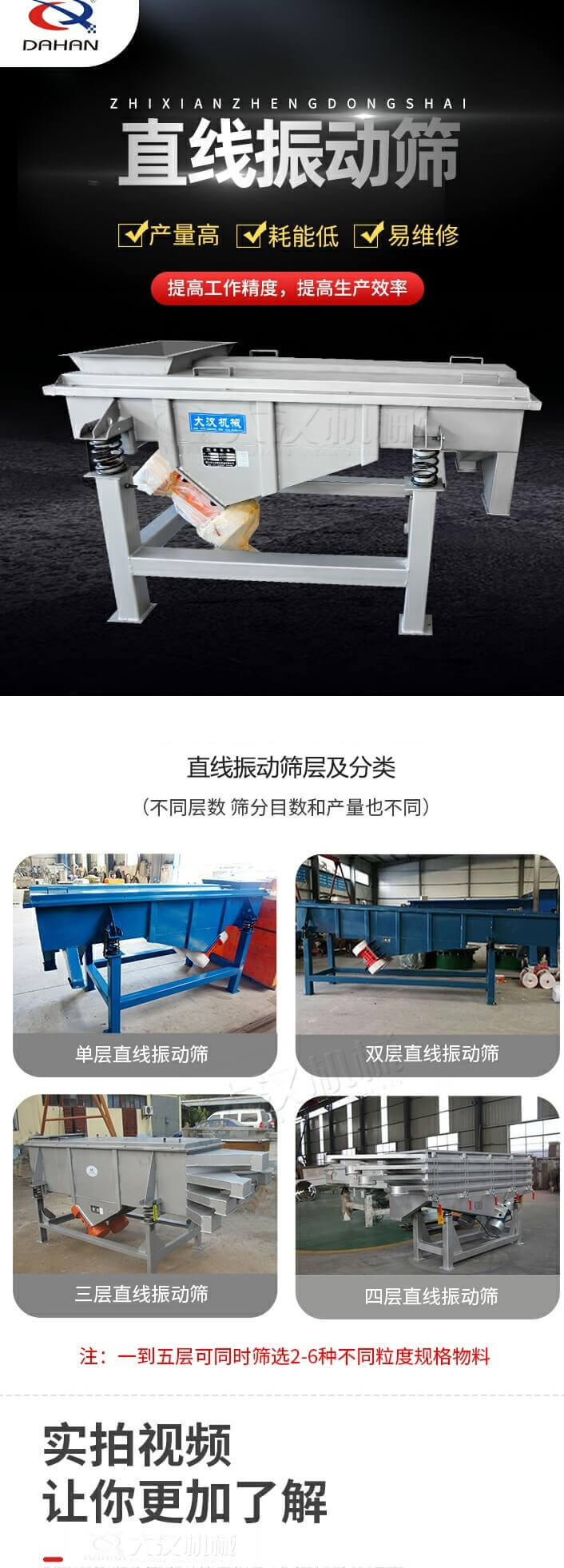 直線振動篩概述，產(chǎn)量高，耗能低，易維修，提高工作精度，提高生產(chǎn)效率，直線振動篩層級分類：不同層數(shù)，篩分目數(shù)和產(chǎn)量也不同：單層，雙層，三層，四層等。