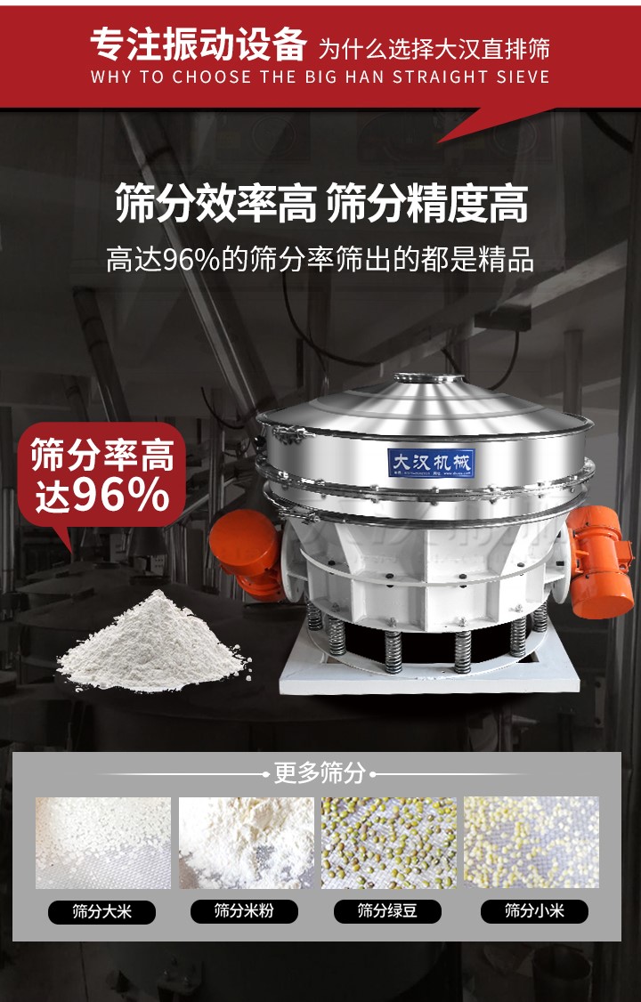 直排篩適用物料有面粉，淀粉，洗衣粉，金屬粉，添加劑，化工，非礦等行業(yè)。