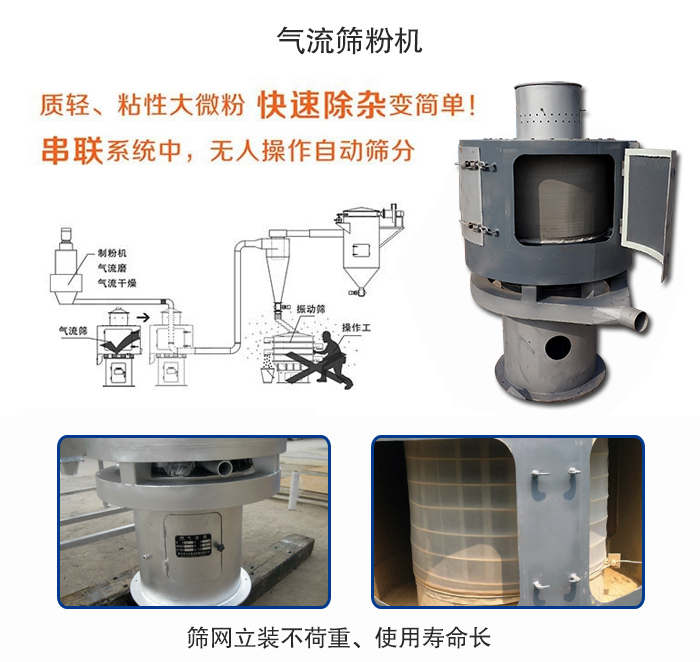 氣流篩粉機(jī)適用：質(zhì)輕，粘性大微粉采用串聯(lián)系統(tǒng)重，無(wú)人操作自動(dòng)篩分 特點(diǎn)：篩網(wǎng)立裝不負(fù)重，使用壽命長(zhǎng)。