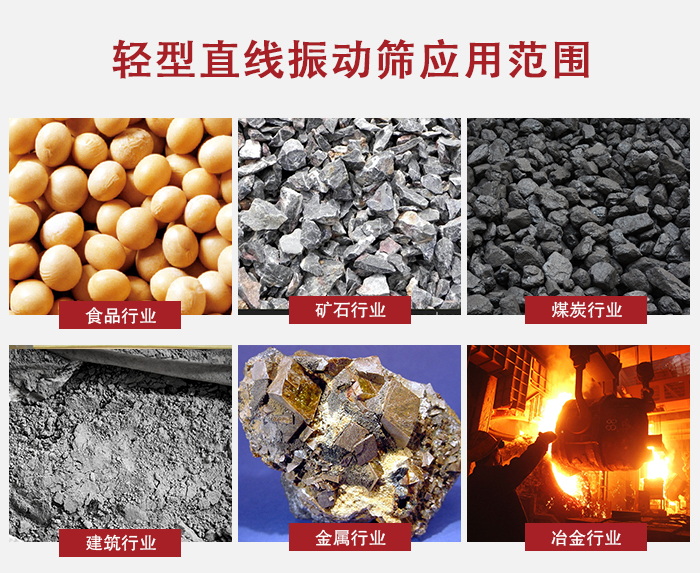 輕型直線振動篩應(yīng)用范圍較廣多使用與顆粒狀，粉狀以及其它重型行業(yè)的輸送。