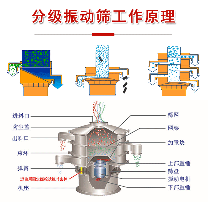 分級(jí)振動(dòng)篩內(nèi)部結(jié)構(gòu)：進(jìn)料口，防塵蓋，出料口，束環(huán)，彈簧，機(jī)座，篩網(wǎng)，網(wǎng)架，上部重錘，振動(dòng)電機(jī)，下部重錘。