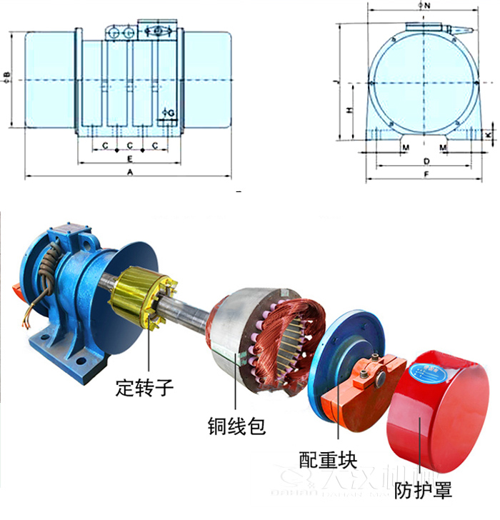 YZS振動電機內(nèi)部主要部件：定轉(zhuǎn)子，銅線包，配重塊，防護(hù)罩。
