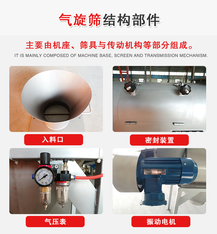 氣旋篩結(jié)構(gòu)：入料口，密封裝置，電機，氣壓表等