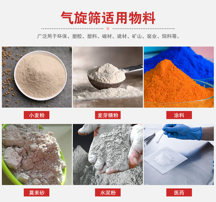 氣旋篩適用物料：小麥粉，麥芽糖粉，涂料，等粉狀物料。