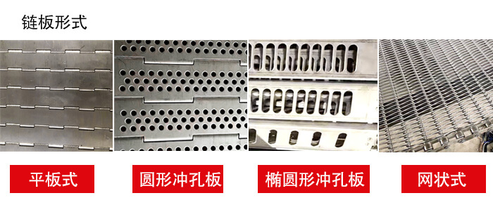 鏈板輸送機(jī)鏈板的不同形式：平板式，圓形沖孔板，網(wǎng)狀式等