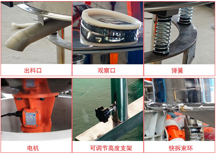 高頻篩細(xì)節(jié)展示：出料口，觀察口，彈簧，電機(jī)，可調(diào)節(jié)高度支架，快拆束環(huán)。